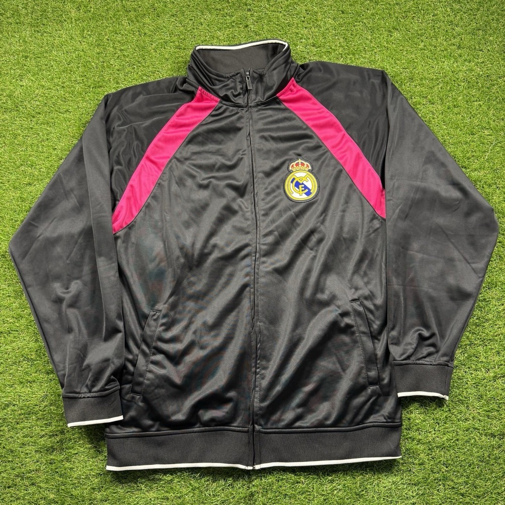 Real Madrid Jacket Mens XL Black Pink Track Full Zip Embroidered Shimmer Y2K